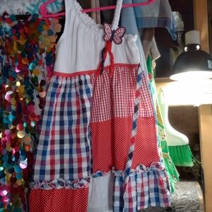 Girls' Red White & Blue Patchwork Casual Dress with Butterfly Accent